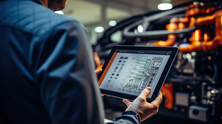 Engineer working with tablet computer in auto repair shop. Car service and maintenance conceptの素材