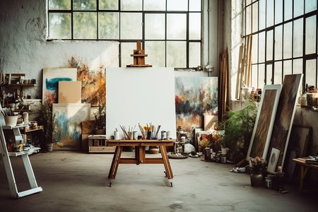 Interior of a modern artist's studio with white walls, concrete floor, wooden easel and painting on canvasの素材