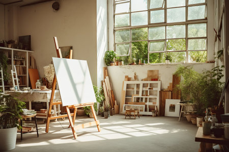Interior of a modern artist's studio with white walls, concrete floor, wooden easel and painting on canvasの素材