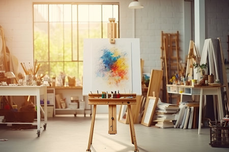Interior of a modern artist's studio with white walls, concrete floor, wooden easel and painting on canvasの素材