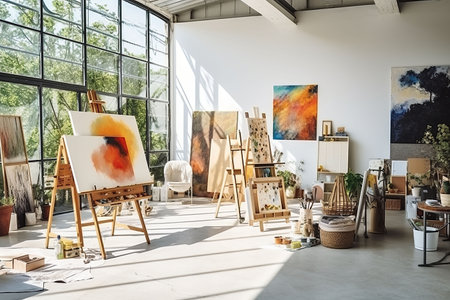 Interior of a modern artist's studio with white walls, concrete floor, wooden easel and painting on canvasの素材