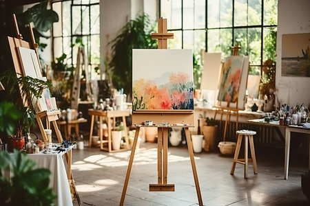 Interior of a modern artist's studio with white walls, concrete floor, wooden easel and painting on canvasの素材