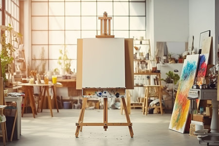 Interior of a modern artist's studio with white walls, concrete floor, wooden easel and painting on canvasの素材