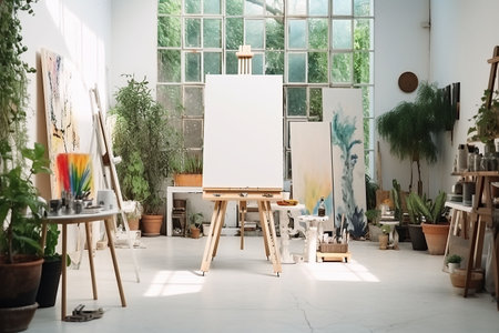 Interior of a modern artist's studio with white walls, concrete floor, wooden easel and painting on canvasの素材