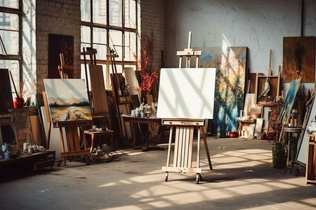 Interior of a modern artist's studio with white walls, concrete floor, wooden easel and painting on canvasの素材