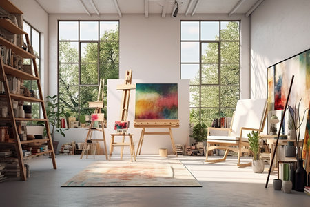 Interior of a modern artist's studio with white walls, concrete floor, wooden easel and painting on canvasの素材