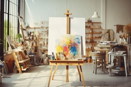 Interior of a modern artist's studio with white walls, concrete floor, wooden easel and painting on canvasの素材