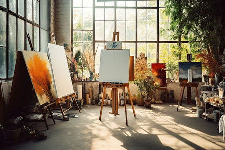 Interior of a modern artist's studio with white walls, concrete floor, wooden easel and painting on canvasの素材