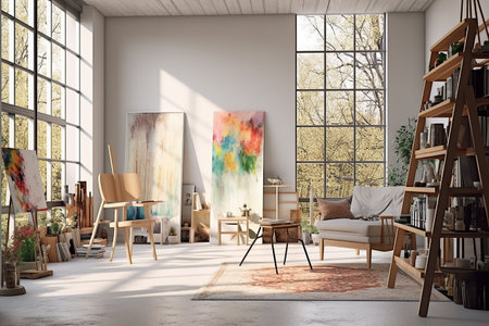 Interior of a modern artist's studio with white walls, concrete floor, wooden easel and painting on canvasの素材
