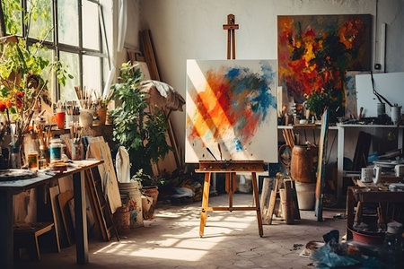 Interior of a modern artist's studio with white walls, concrete floor, wooden easel and painting on canvasの素材