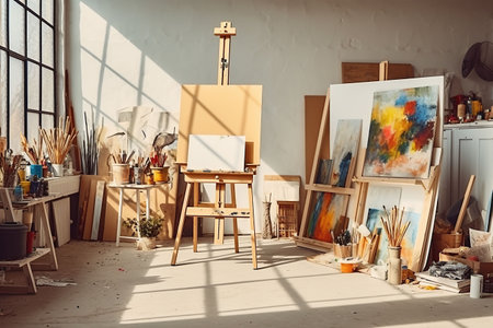 Interior of a modern artist's studio with white walls, concrete floor, wooden easel and painting on canvasの素材