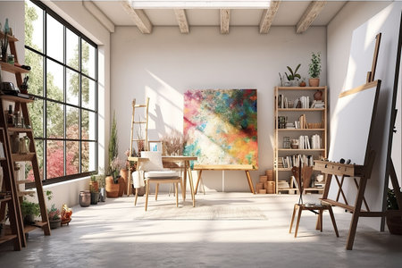 Interior of a modern artist's studio with white walls, concrete floor, wooden easel and painting on canvasの素材