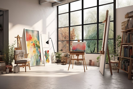 Interior of a modern artist's studio with white walls, concrete floor, wooden easel and painting on canvasの素材