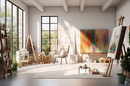 Interior of a modern artist's studio with white walls, concrete floor, wooden easel and painting on canvasの素材