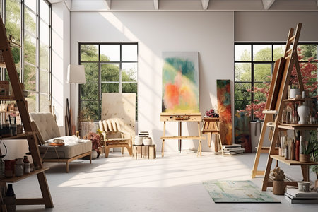 Interior of a modern artist's studio with white walls, concrete floor, wooden easel and painting on canvasの素材