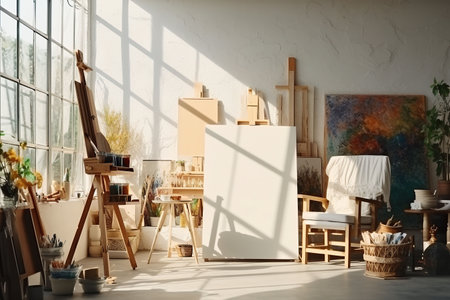 Interior of a modern artist's studio with white walls, concrete floor, wooden easel and painting on canvasの素材