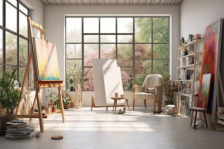 Interior of a modern artist's studio with white walls, concrete floor, wooden easel and painting on canvasの素材