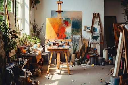 Interior of a modern artist's studio with white walls, concrete floor, wooden easel and painting on canvasの素材