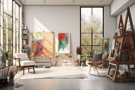 Interior of a modern artist's studio with white walls, concrete floor, wooden easel and painting on canvasの素材