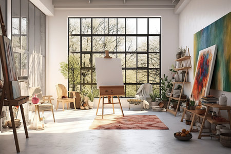 Interior of a modern artist's studio with white walls, concrete floor, wooden easel and painting on canvasの素材