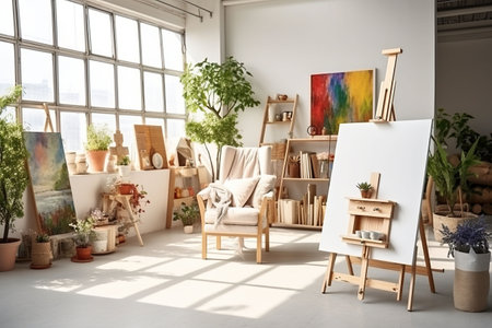 Interior of a modern artist's studio with white walls, concrete floor, wooden easel and painting on canvasの素材
