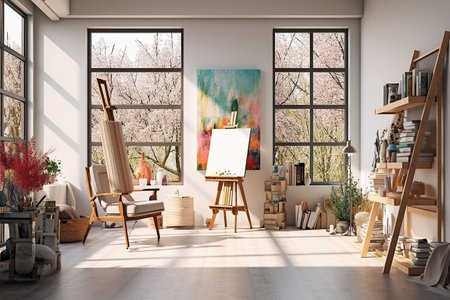 Interior of a modern artist's studio with white walls, concrete floor, wooden easel and painting on canvasの素材