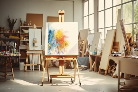 Interior of a modern artist's studio with white walls, concrete floor, wooden easel and painting on canvasの素材