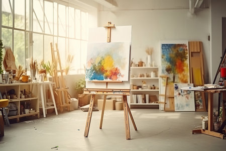 Interior of a modern artist's studio with white walls, concrete floor, wooden easel and painting on canvasの素材