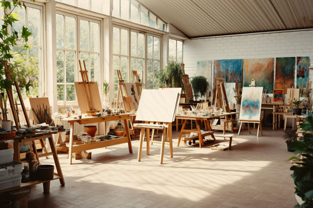 Interior of a modern artist's studio with white walls, concrete floor, wooden easel and painting on canvasの素材