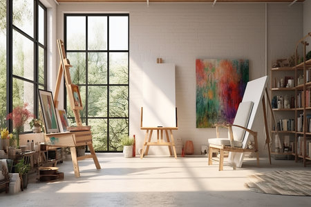 Interior of a modern artist's studio with white walls, concrete floor, wooden easel and painting on canvasの素材