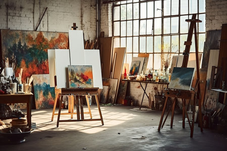 Interior of a modern artist's studio with white walls, concrete floor, wooden easel and painting on canvasの素材