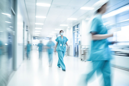 motion blur of medical workers walking in the hospital corridor, abstract backgroundの素材