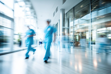 motion blur of medical workers walking in the hospital corridor, abstract backgroundの素材