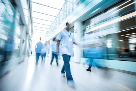 motion blur of medical workers walking in the hospital corridor, abstract backgroundの素材