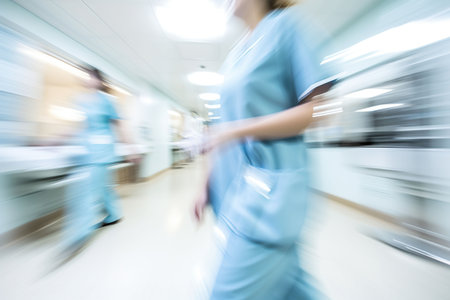 motion blur of medical workers walking in the hospital corridor, abstract backgroundの素材