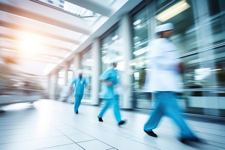 motion blur of medical workers walking in the hospital corridor, abstract backgroundの素材