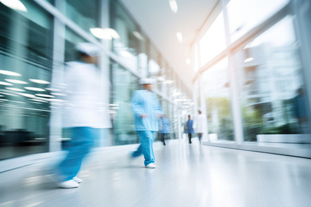 motion blur of medical workers walking in the hospital corridor, abstract backgroundの素材