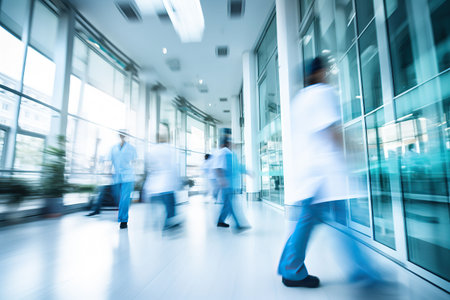 motion blur of medical workers walking in the hospital corridor, abstract backgroundの素材