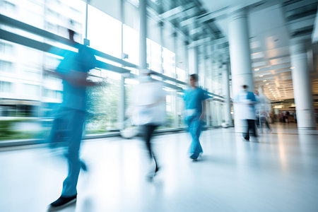 motion blur of medical workers walking in the hospital corridor, abstract backgroundの素材