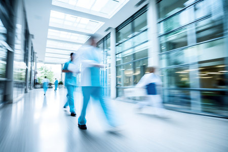motion blur of medical workers walking in the hospital corridor, abstract backgroundの素材