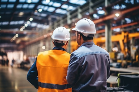 Rear view of Caucasian male engineer wearing safety vest and hardhat standing in warehouse. This is a freight transportation and distribution warehouse. Industrial and industrial workers conceptの素材