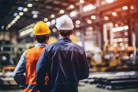Rear view of Caucasian male engineer wearing safety vest and hardhat standing in warehouse. This is a freight transportation and distribution warehouse. Industrial and industrial workers conceptの素材