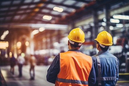 Rear view of Caucasian male engineer wearing safety vest and hardhat standing in warehouse. This is a freight transportation and distribution warehouse. Industrial and industrial workers conceptの素材