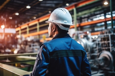 Rear view of Caucasian male engineer wearing safety vest and hardhat standing in warehouse. This is a freight transportation and distribution warehouse. Industrial and industrial workers conceptの素材