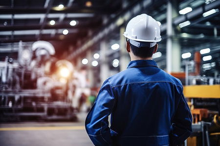 Rear view of Caucasian male engineer wearing safety vest and hardhat standing in warehouse. This is a freight transportation and distribution warehouse. Industrial and industrial workers conceptの素材