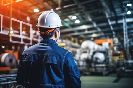 Rear view of Caucasian male engineer wearing safety vest and hardhat standing in warehouse. This is a freight transportation and distribution warehouse. Industrial and industrial workers conceptの素材
