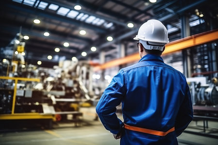 Rear view of Caucasian male engineer wearing safety vest and hardhat standing in warehouse. This is a freight transportation and distribution warehouse. Industrial and industrial workers conceptの素材