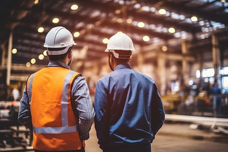 Rear view of Caucasian male engineer wearing safety vest and hardhat standing in warehouse. This is a freight transportation and distribution warehouse. Industrial and industrial workers conceptの素材