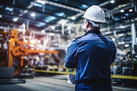 Rear view of Caucasian male engineer wearing safety vest and hardhat standing in warehouse. This is a freight transportation and distribution warehouse. Industrial and industrial workers conceptの素材