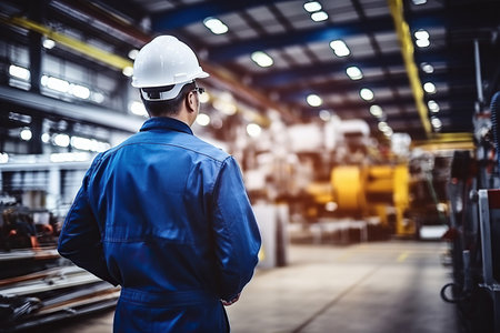 Rear view of Caucasian male engineer wearing safety vest and hardhat standing in warehouse. This is a freight transportation and distribution warehouse. Industrial and industrial workers conceptの素材